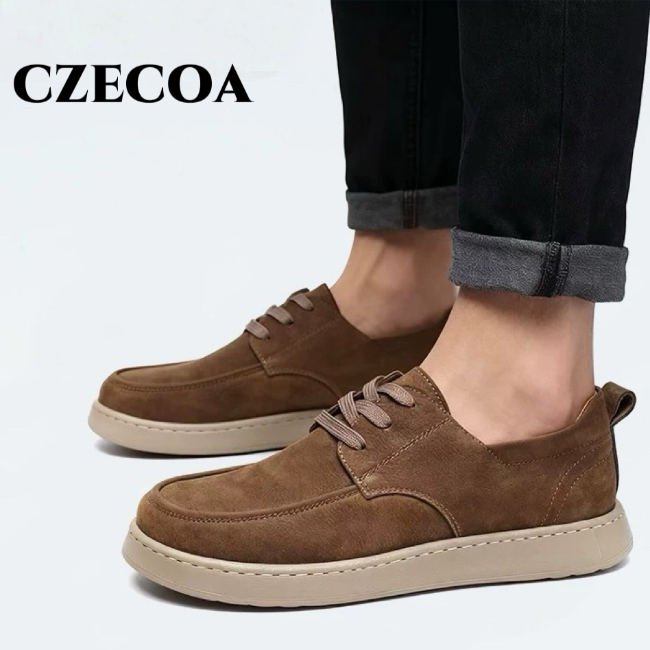 CZECOA男鞋头层牛皮工装鞋复古百搭真皮软底低帮板鞋厚底休闲鞋潮