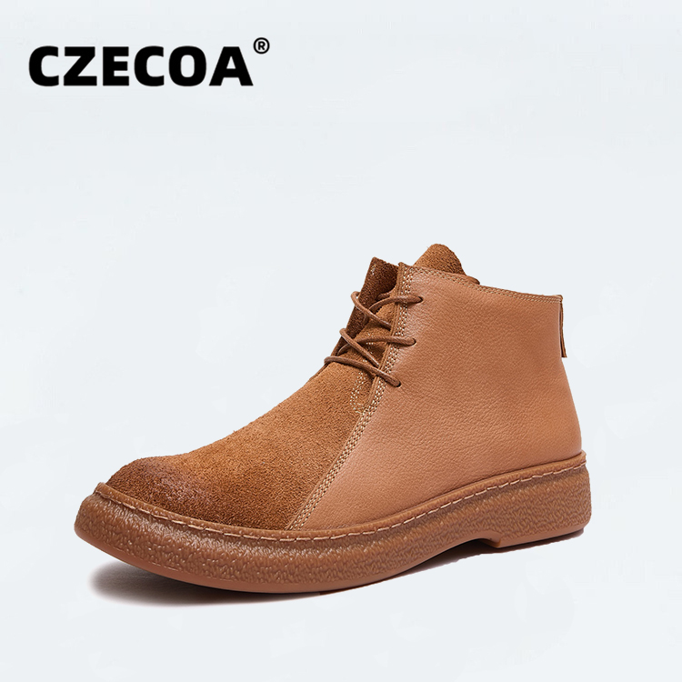 CZECOA2025冬季新款工装靴复古时尚英伦风真皮拼接中帮休闲马丁靴