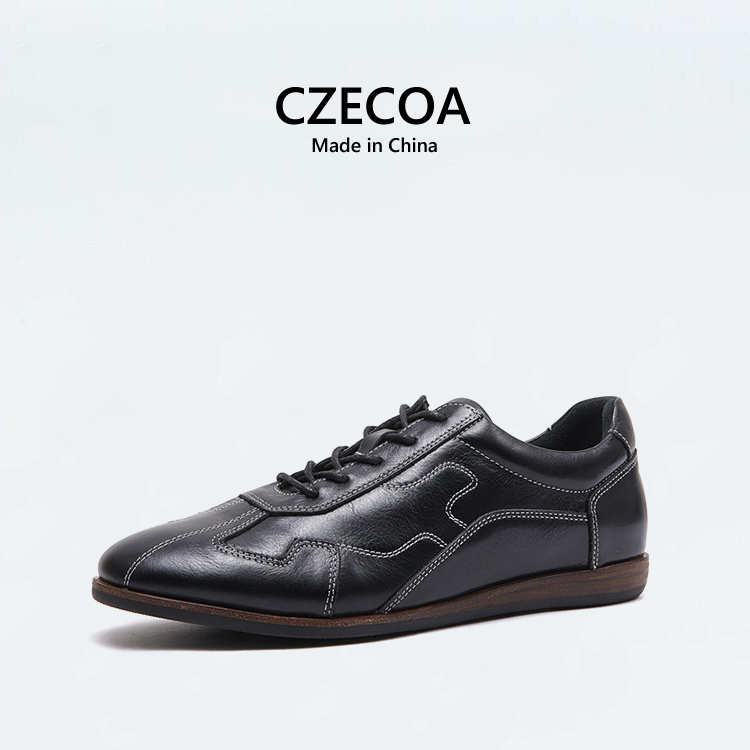 CZECOA秋季男鞋2025款简约大气高级感真皮系带休闲低帮软底板鞋黑