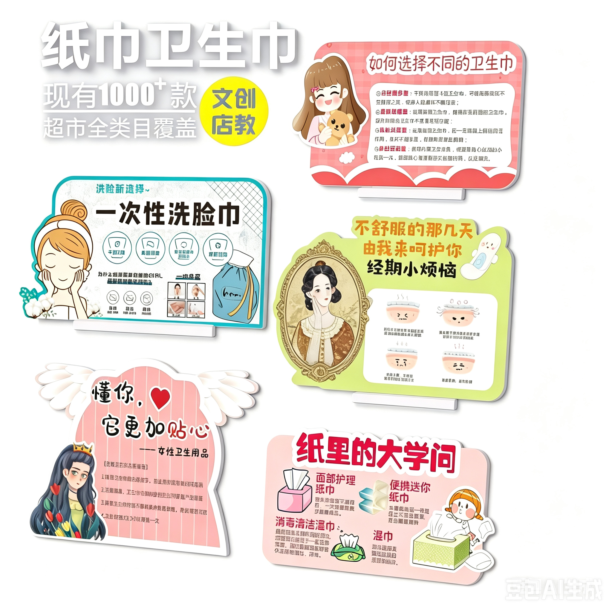 东来超市纸品卫生巾陈列店教美陈导购道具KT板异形双面立牌PVC