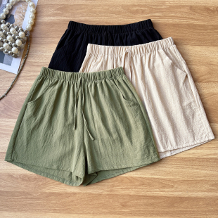 高腰A字阔腿运动居家热裤 新款 女外穿夏季 棉麻黑色休闲宽松短裤