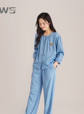 YWS HOME女睡衣全棉双层纱透气萌趣七分袖长裤休闲家居服套装