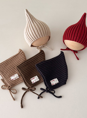 儿童精灵包脸帽秋冬系带款宝宝帽子简约条纹纯色针织毛线帽1-2岁