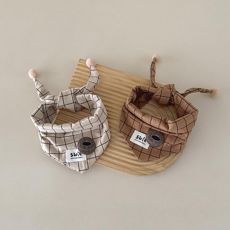 ins韩版婴儿三角巾春秋冬可爱小熊宝宝围巾格子围脖保暖防风1-3岁