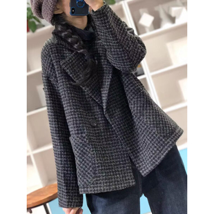老钱风千鸟格毛呢西装女冬季新款韩版翻领双排扣宽松落肩复古外套