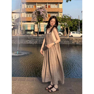韩系小清新松弛感条纹无袖连衣裙女夏季新款洋气时髦叠穿背心裙