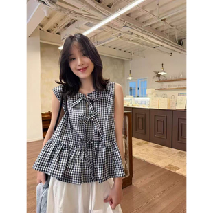 甜美减龄黑白格子蝴蝶结系带衬衫女夏新款温柔韩版荷叶边无袖上衣