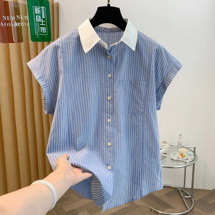 韩版知性蓝白细条纹短袖衬衫女夏季新款清爽撞色白翻领休闲衬衣潮
