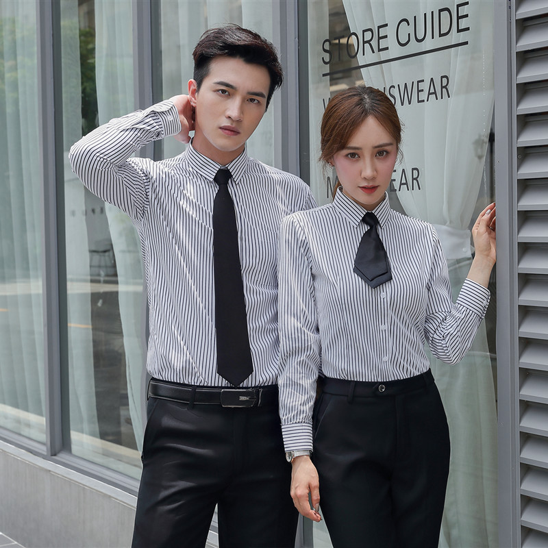 男女职业装同款长袖条纹衬衫女工作服房地产工装制服衬衣刺绣