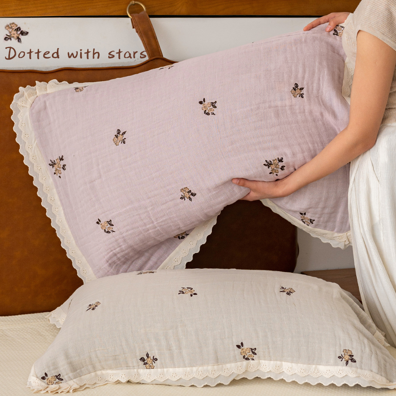 双层花边枕巾纯棉四层纱布一对