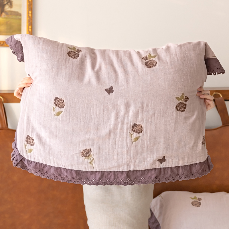 紫玫瑰花边枕巾2024新款纯棉