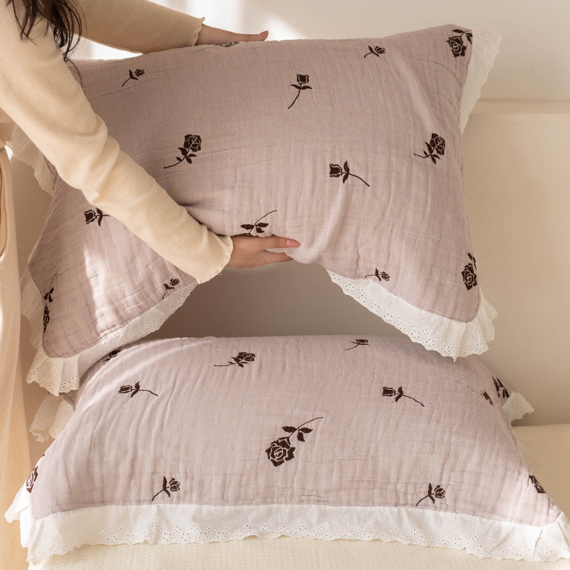 玫瑰花边枕巾纯棉纱布