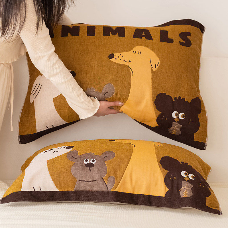 动物乐园纯棉纱布枕巾可爱全棉家用防头油单人枕头毛巾吸汗透气