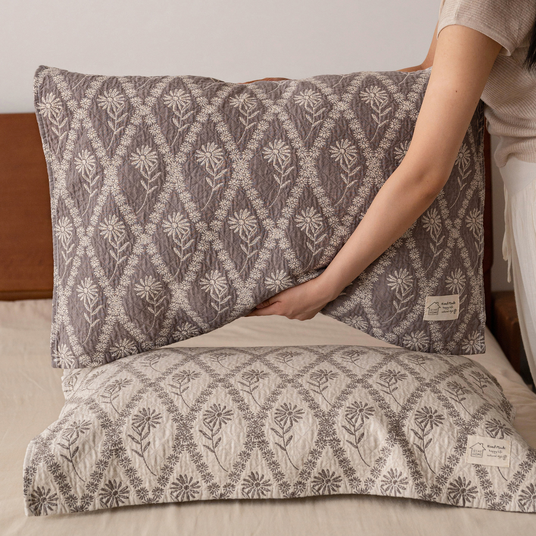 复古菱格全棉枕巾纯棉a类