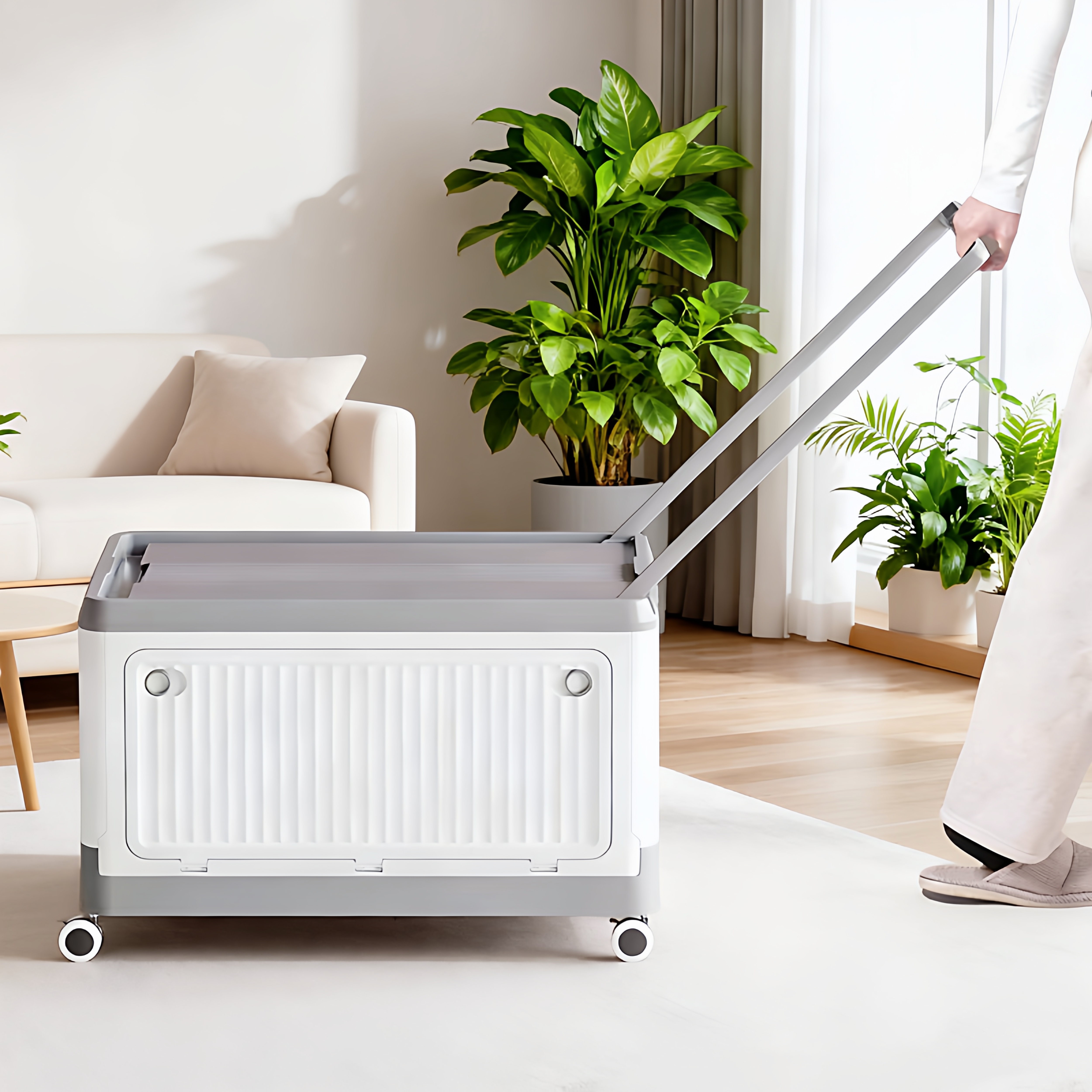 车载折叠收纳箱居家零食书本客厅整理箱拉杆移动小推车侧开折叠箱