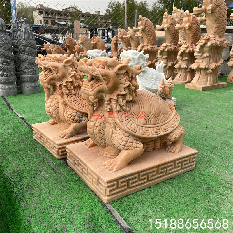 天然石雕龙龟喷水别墅酒店鱼池园林造景晚霞红装饰摆件青乌龟吐水