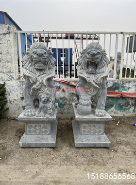 天然石雕欧式狮子一对北欧装修风格别墅门口石头公母狮子摆件