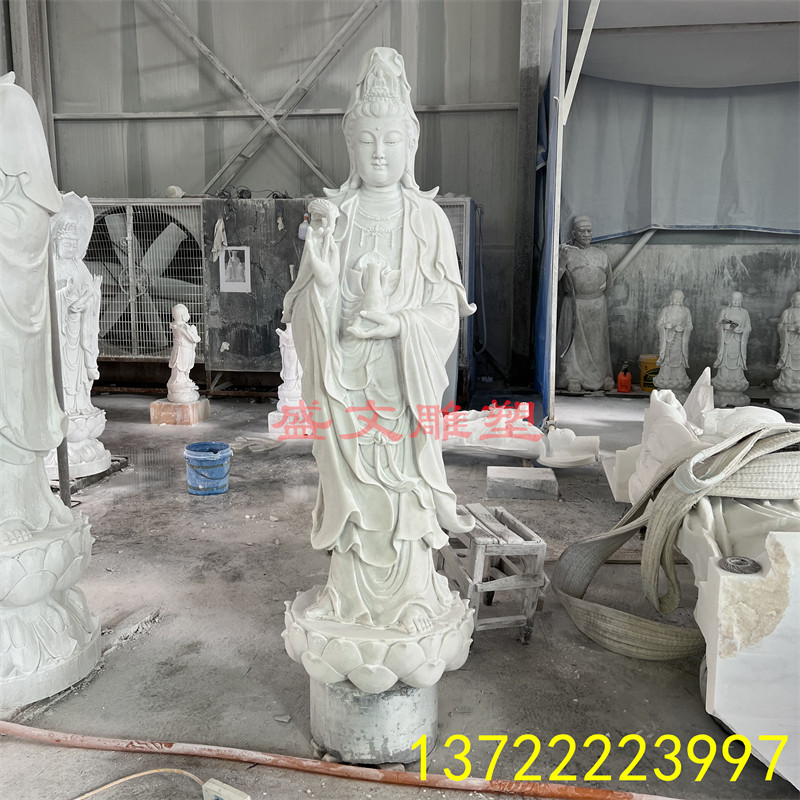 石雕观音像汉白玉佛像滴水观音菩萨大型三面观音寺院庙宇户外摆件