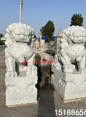天然花岗岩石狮子一对家用芝麻白石雕工厂公司银行大门口摆件