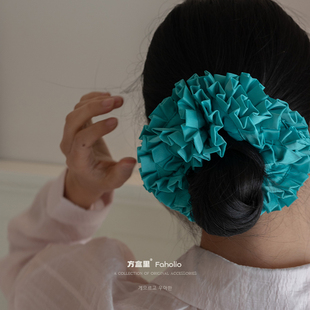 MONA同款 手作百褶花球大肠发圈重工纯色缎面褶皱扎马尾丸子头发饰