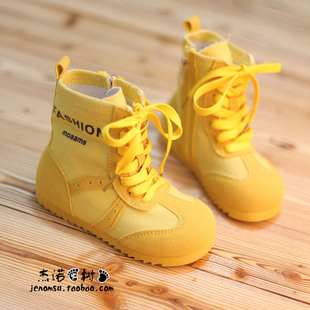 韩系女童黄色靴子3-4-6-8-9-11岁帆布靴洋气中筒休闲风糖果色短靴