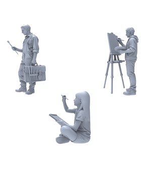 LYTR015  画室场景微缩白 3 件套拿画笔 / 写生小人模型造景人偶