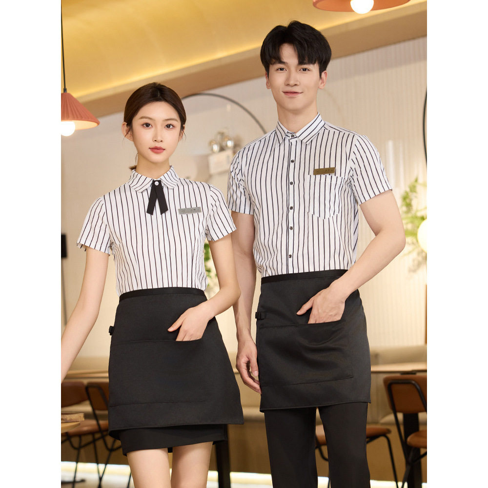 餐饮饭店服务员工作服短袖白条纹衬衫酒店餐厅前台收银员夏季工装图片