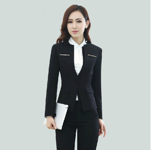 工裝 黑色工作服職業(yè)西裝 女秋冬西服職業(yè)套裝 OL修身 職業(yè) 無(wú)領(lǐng)長(zhǎng)袖