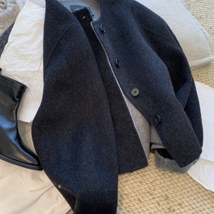 潮流显瘦大衣外套 韩版 复古羊毛双面呢圆领短款 秋冬季