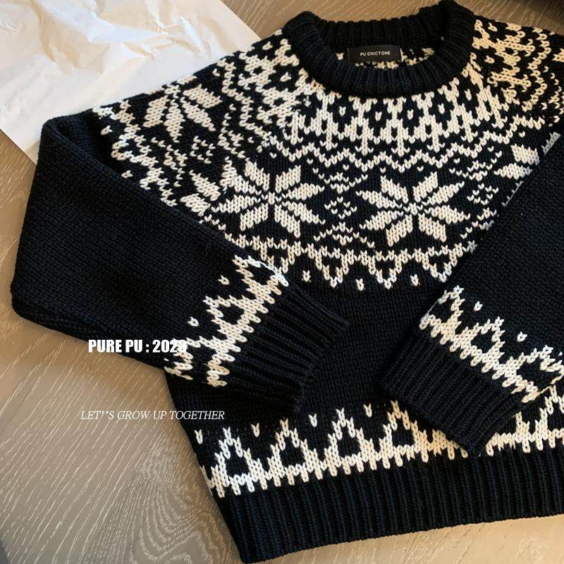 乌托邦强调黑费尔岛圆领提花慵懒风圆领套头毛衣2024冬新款针织衫,女装/女士精品,毛衣,淘宝优惠券,粉丝福利购,淘宝优惠卷