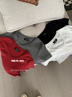 收腰褶皱修身 新款 超显瘦上衣 T恤女简约百搭2024夏季 红色正肩短袖