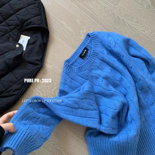 巨显白克莱因蓝宽松上衣2024秋冬新款 女 韩系超好看麻花毛衣针织衫