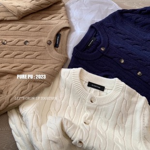 麻花圆领针织开衫女外穿春秋百搭短款毛衣宽松显瘦小个子上衣外套