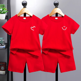 儿童红色短袖套装亲子装一家三口半袖男童生日衣服女童本命年服装