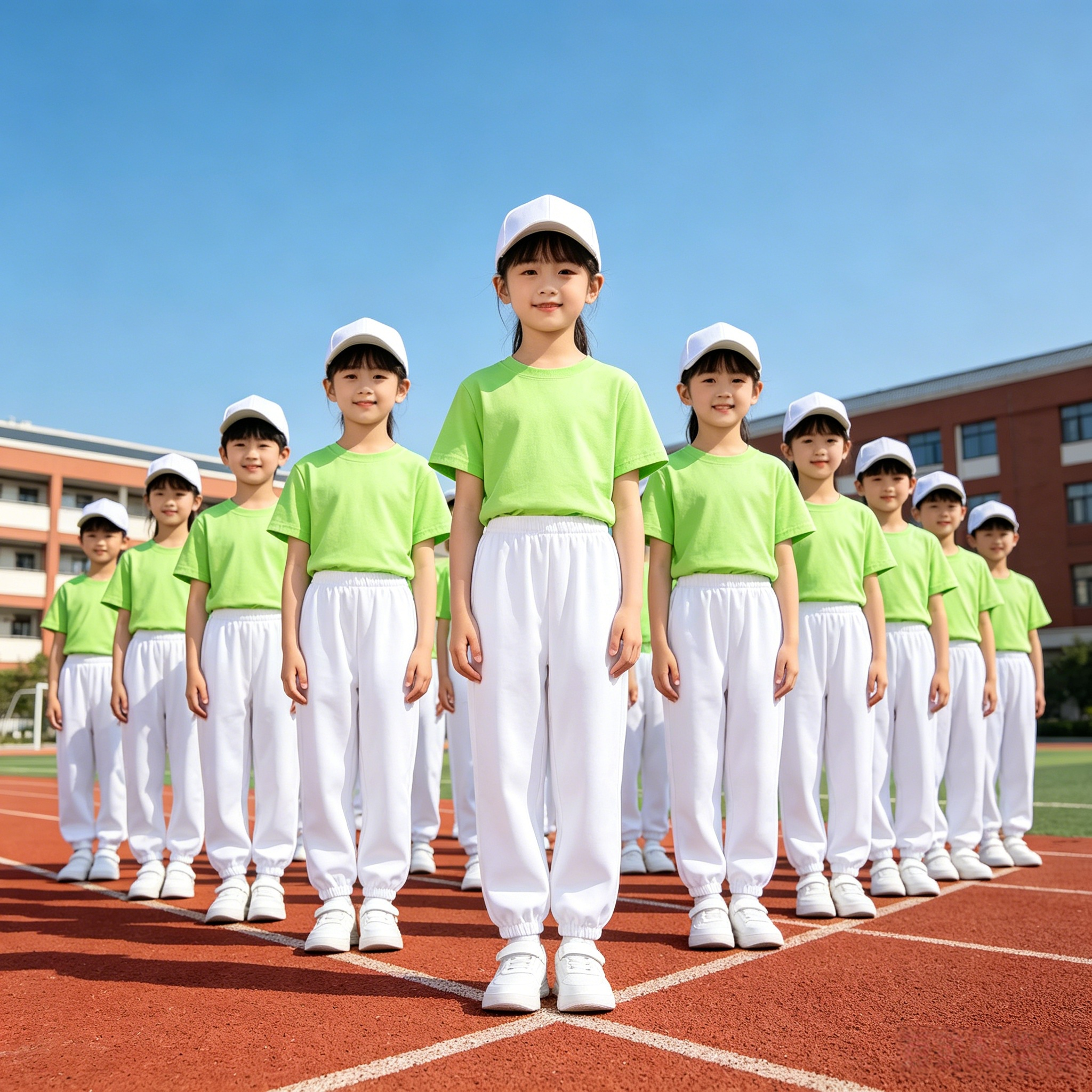 果绿短袖白色长裤儿童套装幼儿园亲子装绿色t恤彩色多巴胺演出服