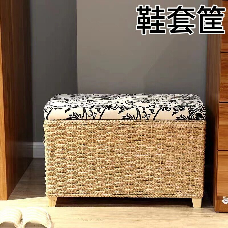 样板间门口鞋套收纳筐藤编收纳凳子储物凳拖鞋收纳箱换鞋凳回收桶