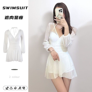 ins温泉游泳装 胖MM钢托聚拢保守遮肉韩版 防晒大码 泳衣女连体长袖