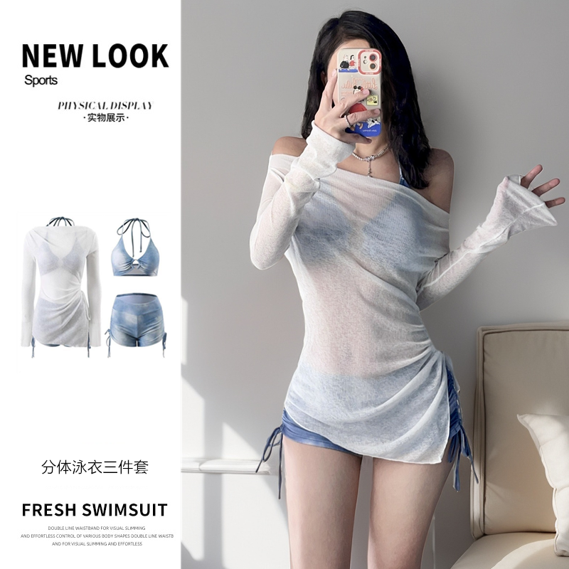 泳衣女大码胖MM分体三件套保守显瘦美式扎染高级感小胸聚拢游泳装
