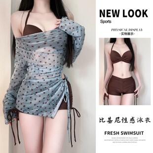 新款 泳衣比基尼三件套钢托聚拢性感纯欲辣妹挂脖露背海岛度假温泉