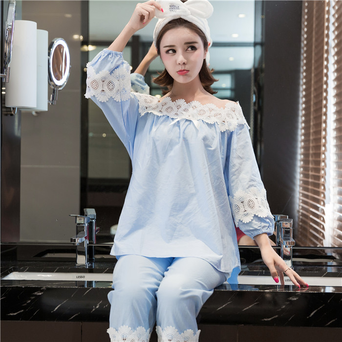 春秋の少女の学生の長袖の純綿のパジャマのレースのレースの韓国版の日系のかわいい王女の仙人の家庭服のスーツ