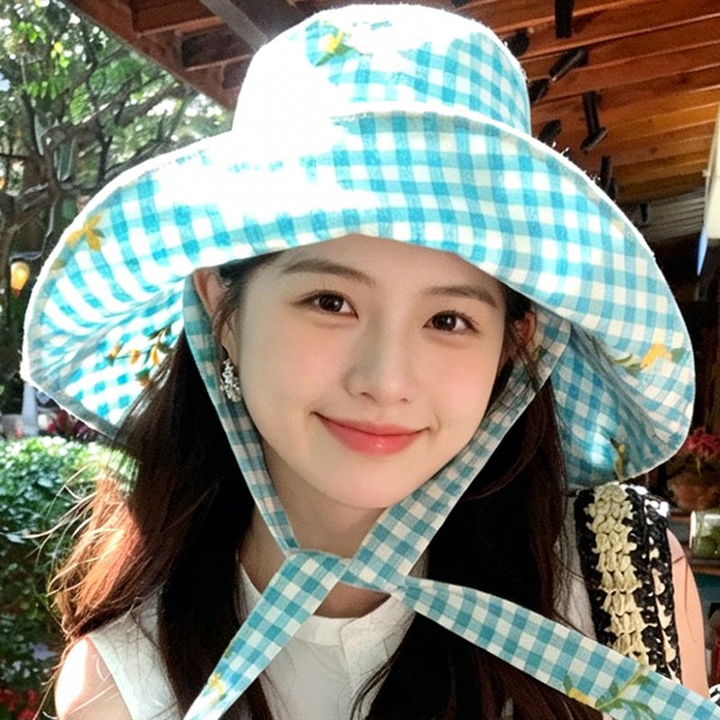 日系格纹宽檐防晒显脸小渔夫帽