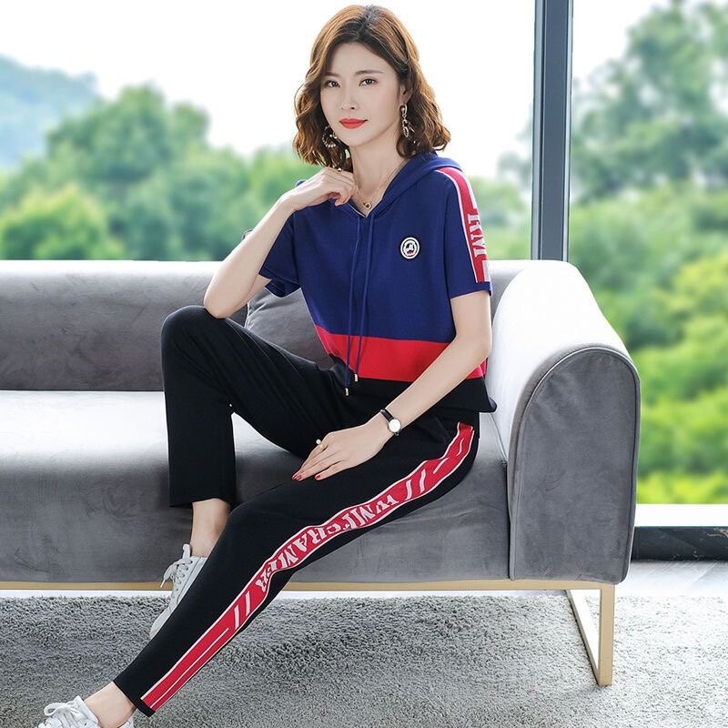 短袖运动服套装女夏季洋气减龄冰丝休闲时尚中年妈妈装两件套卫衣