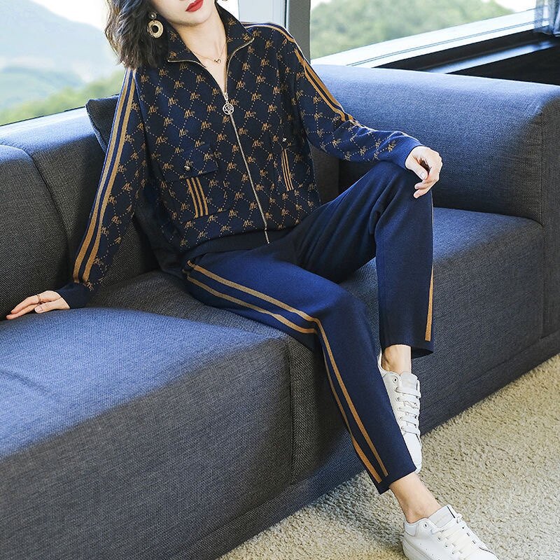 春季新款运动服套装女休闲时尚宽松时尚针织冰丝洋气两件套外穿