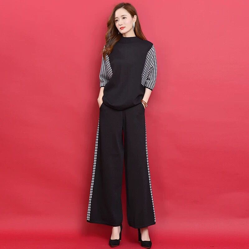 专柜正品套装女神洋气女装新款千鸟格针针织衫减龄阔腿裤两件套女