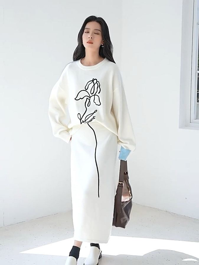 韩版高级感休闲针织套装女秋冬季简笔画慵懒宽松毛衣半身裙两件套