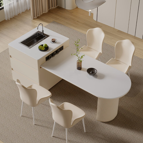 现代简约岩板带水槽岛台餐桌一体