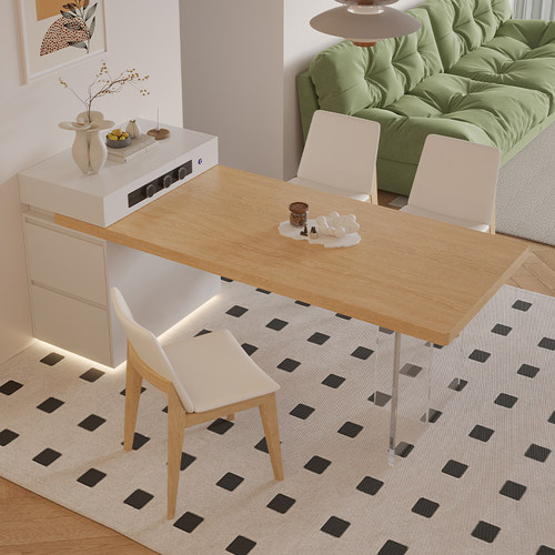 原木风下挂岩板岛台餐桌一体北欧