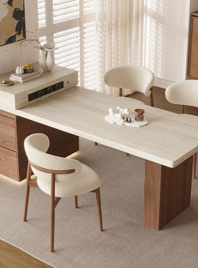 洞石下挂岩板岛台餐桌一体家用伸缩北欧小户型开放厨房靠墙中导台