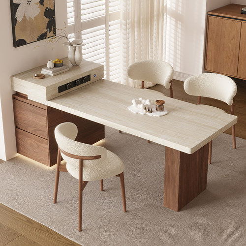 洞石下挂岩板岛台餐桌北欧小户型