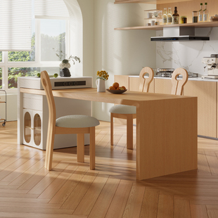 2024新款 奶油原木风岛台餐桌一体小户型可伸缩厨房多功能实木导台